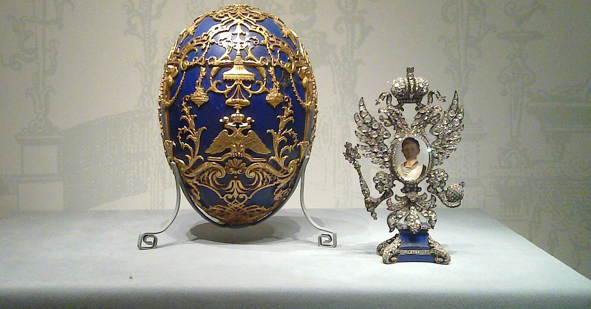 Imperial Faberge Eggs - Tsarevich Egg on Blue Velvet Tote Bag