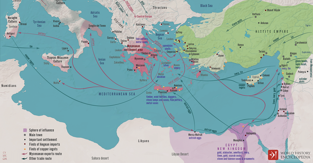  A map shows the location of a Bronze Age shipwreck in the Mediterranean Sea, with arrows indicating the major trade routes of the time.