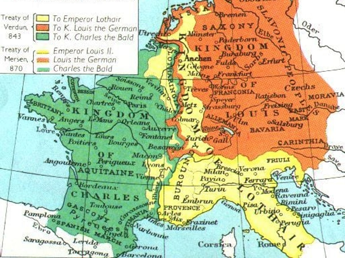 Division of the Carolingian Empire in 843 & 870 CE (Illustration