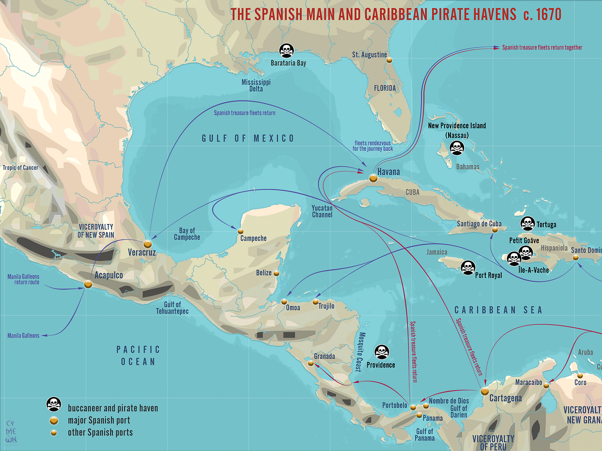 The Spanish Main and Caribbean Pirate Havens c. 1670 Illustration