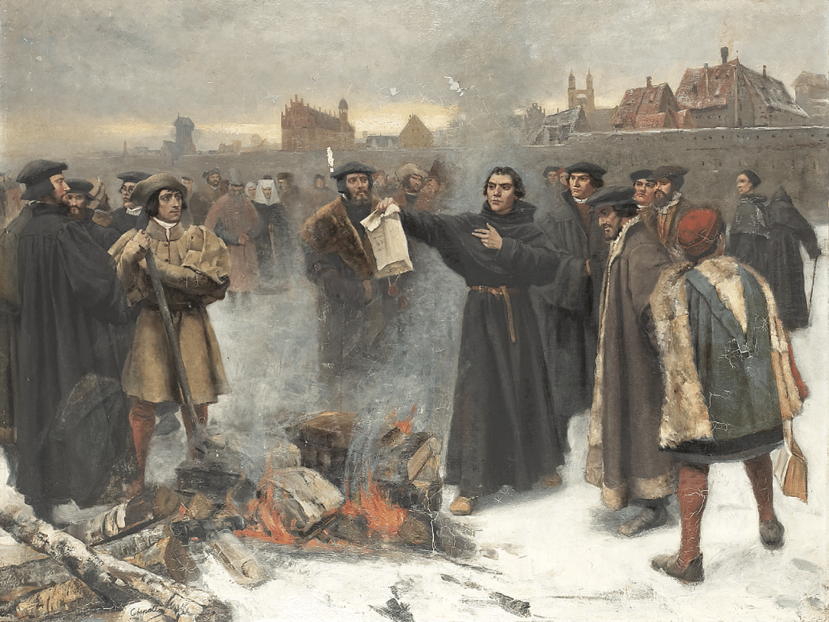 Martin Luther (1483-1546) Burning The Papal Bull (Exurge Domine) Along With  The Book Of Church Law And Many Other Books By His Enemies On December 10,, Exsurge Domine