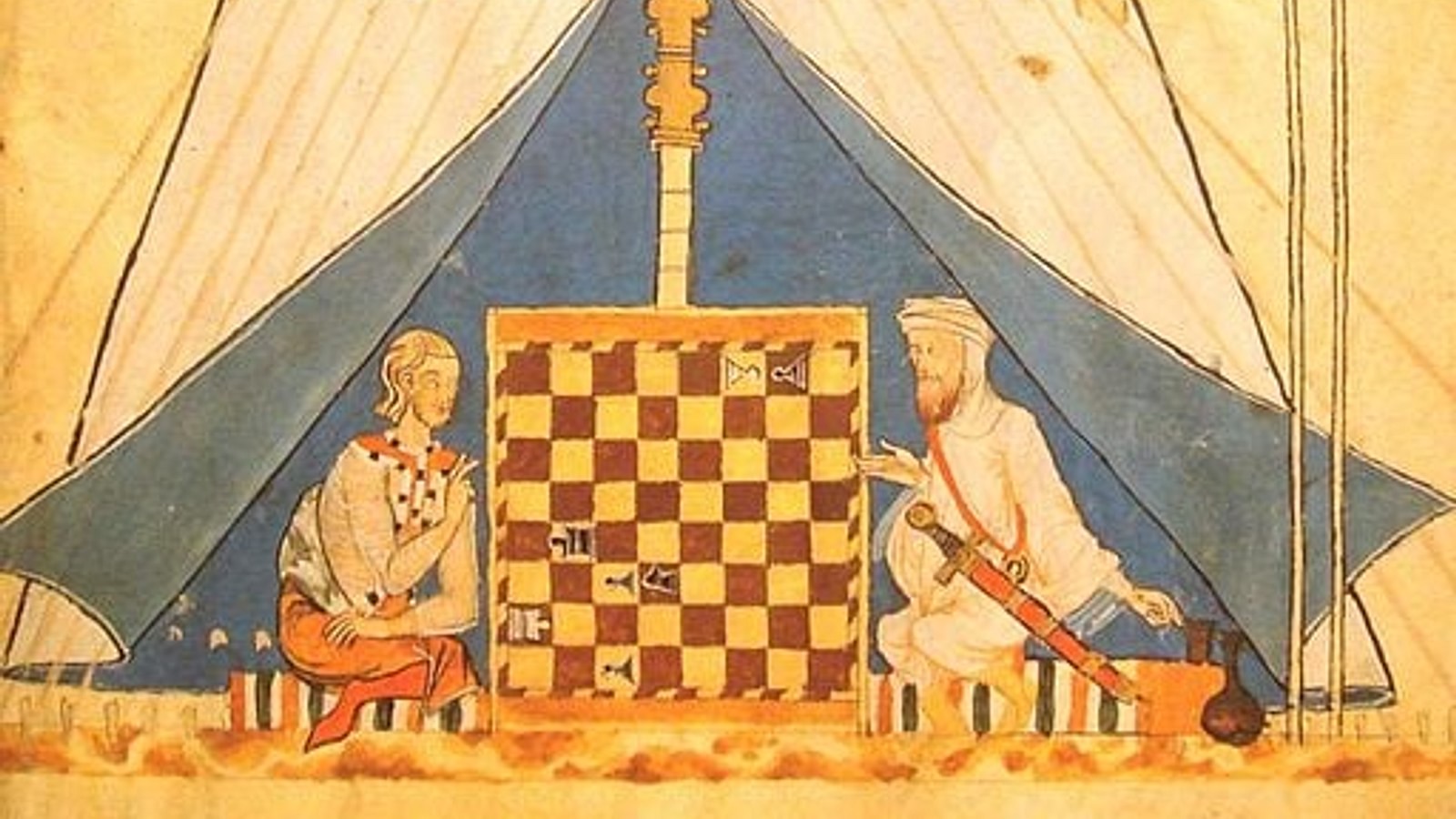 A Moor and a Christian playing chess in a tent, from the 'Book of Games,  Chess, dice and Boards