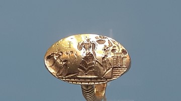 Minoan Gold Signet Ring with Three Figures before a Temple