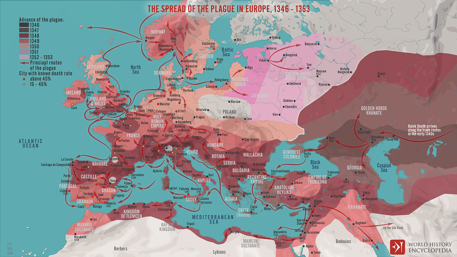 The Spread of the Plague in Europe 1346 1353 Illustration