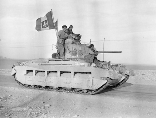 British Matilda Tank with Captured Italian Flag (by Unknown Photographer, Public Domain)