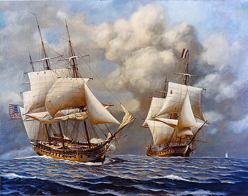 Naval Battle during the Quasi-War, between USS Constellation and L'Insurgente (by John William Schmidt, Public Domain)