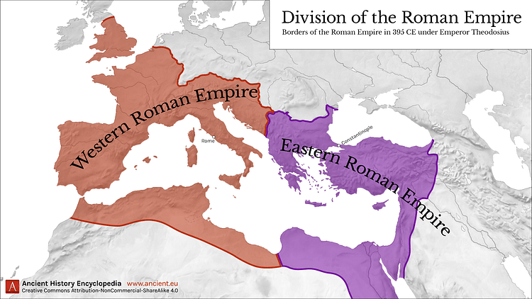 Western & Eastern Roman Empire, 395 CE (Illustration) - World History ...