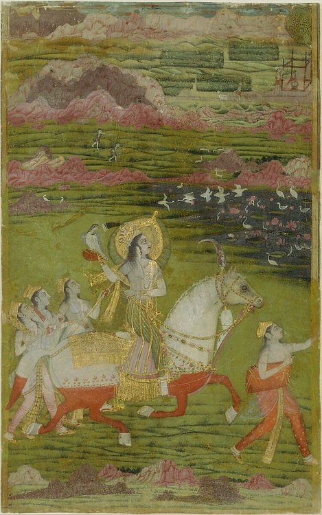 Chand Bibi Hawking with Attendants in a Landscape